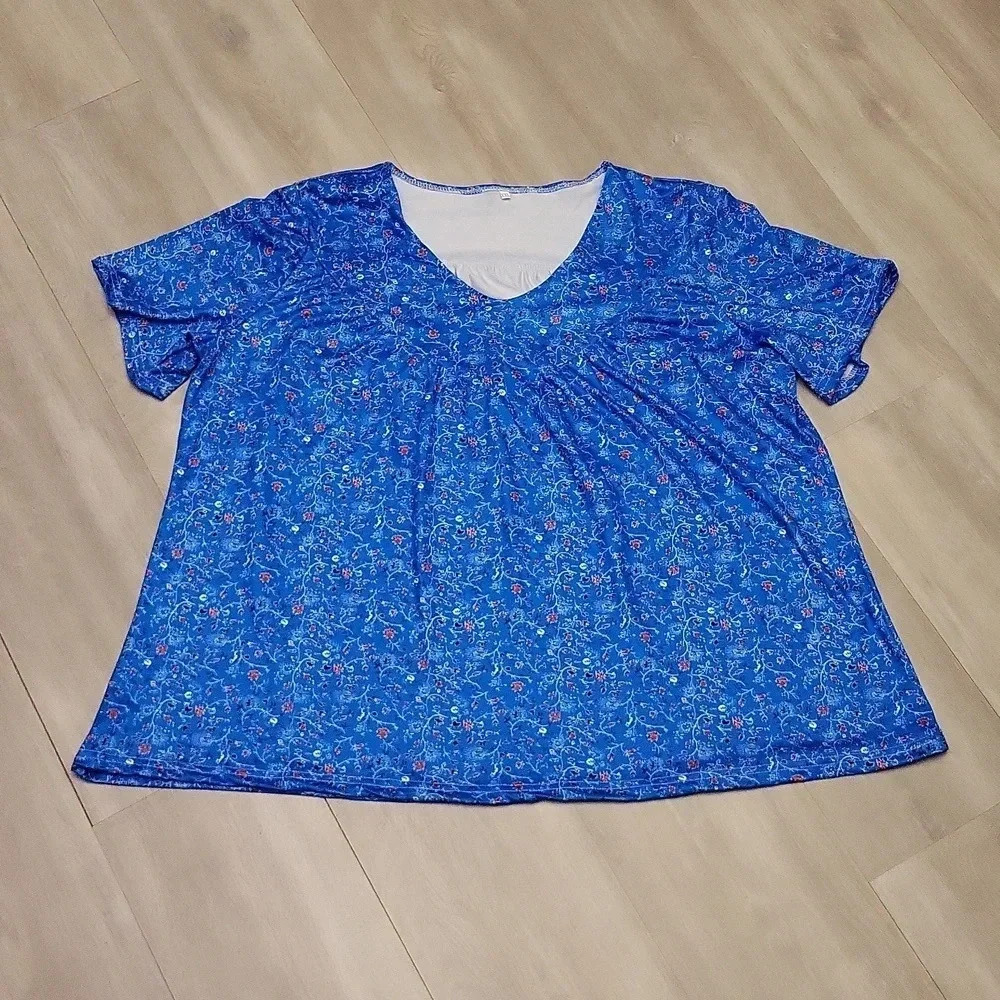🛍Womens Blue Floral‎ Print Short Sleeve Blouse Size XXL